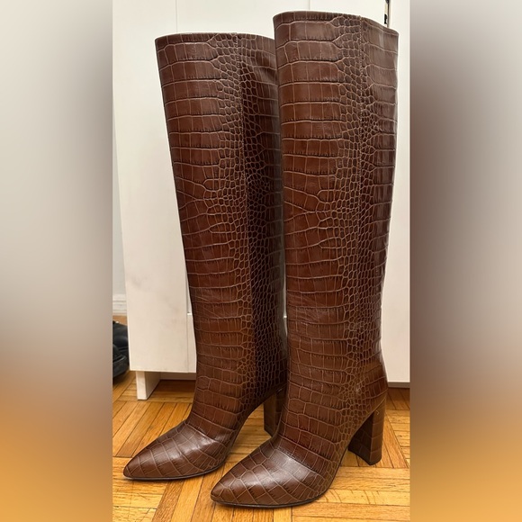 Paris Texas Anja knee-high boot pointed toe chunky heel brown croc leather 39 9 - Picture 8 of 16